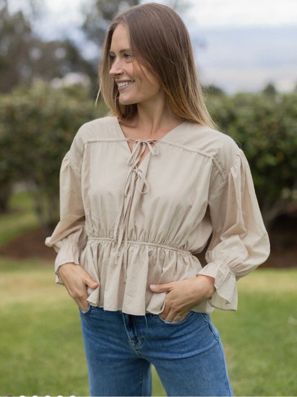 NEUFLORA “MYLA”🍃Blouse” in a Size M, in Tan, NWT, Sold Out